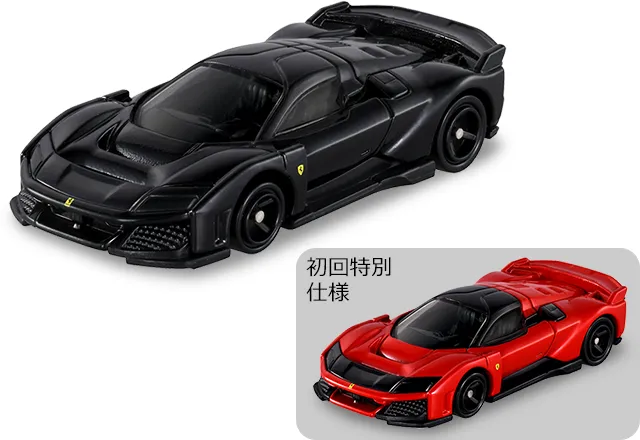 No.34 Ferrari F80 官方商品照，黑色車身，右下角為紅車身黑車頂的初回特別式樣