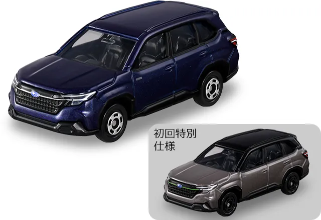 No.85 Subaru Forester 官方商品照,深藍車身,右下角為灰銀車身配黑車頂的初回特別式樣
