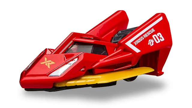 Xross Rescue 懸浮車官方商品照,紅色機身印 XROSS RESCUE 與編號 03