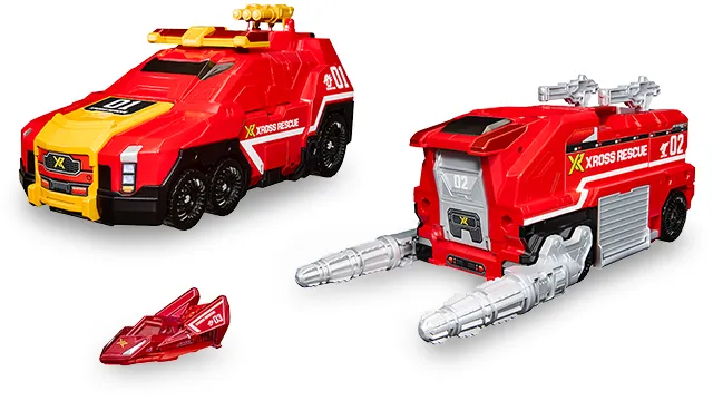 Xross Rescue 龍與虎 DX 組官方商品照,兩台大型基地車與附屬小車