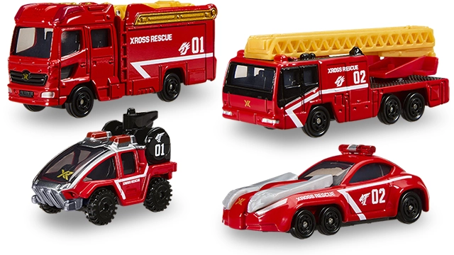 Xross Rescue 龍隊與虎隊 Tomica 組官方商品照,紅色消防車、黃色雲梯車、黑紅越野車與紅白六輪車四台
