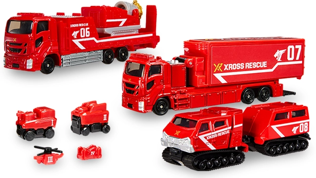 Xross Rescue 虎隊 Tomica 組官方商品照,紅色送風車、貨櫃車、履帶車與四台小型機具