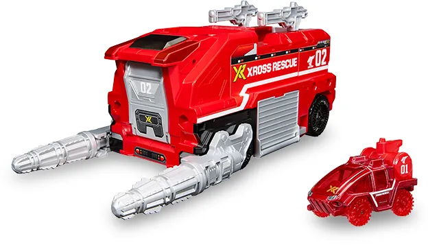 Xross Rescue XR02 虎隊基地車官方商品照,紅色車身,車頭三根銀色鑽頭,附一台紅色小型越野車