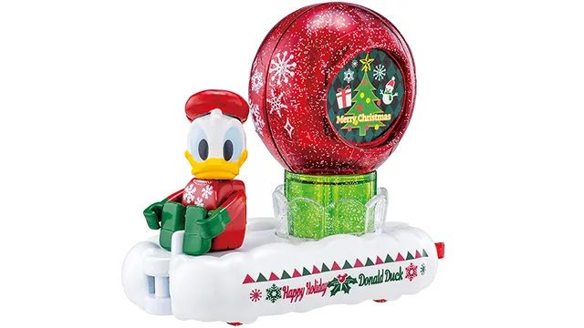 Disney Tomica Parade SP 唐老鴨聖誕版官方商品照,紅色亮粉大球花車,底座印 Happy Holiday Donald Duck