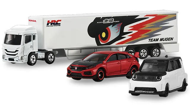 Tomica 禮盒組 Honda MUGEN COLLECTION 官方商品照，白色運輸車與紅色 Civic Type R、白色 Super-ONE