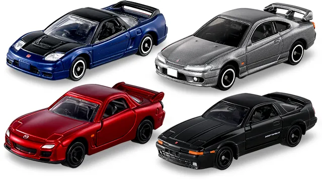 Tomica Sports Car Special Selection 2 官方商品照，藍色 NSX-R、銀色 Silvia S15、紅色 RX-7 FD3S、黑色 Supra MA70 四台