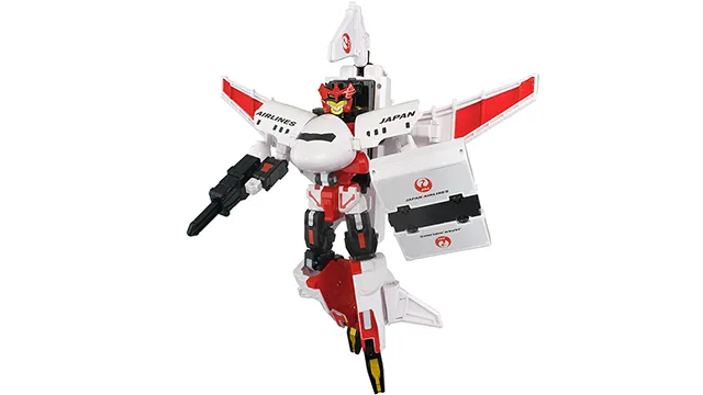 Job Braver TJBDX DX Sky Braver JAL 噴射客機官方商品照,白紅配色機器人型態,機翼印 JAPAN AIRLINES 與鶴丸標誌