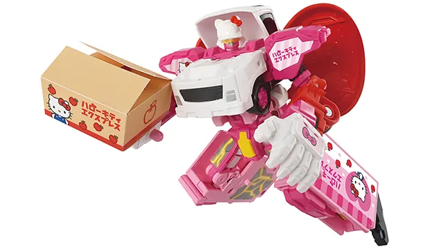 Job Braver TJBEX 運輸勇者 Hello Kitty 特快貨車官方商品照，粉白配色合體機器人與蘋果紙箱