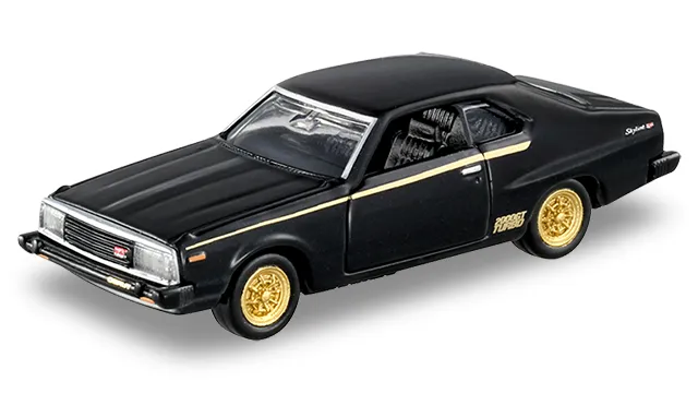 TT Mall 限定 復刻版 Tomica Premium 日產 Skyline 2000 Turbo GT-E·S 官方商品照,黑色車身配金線與金色網狀輪圈