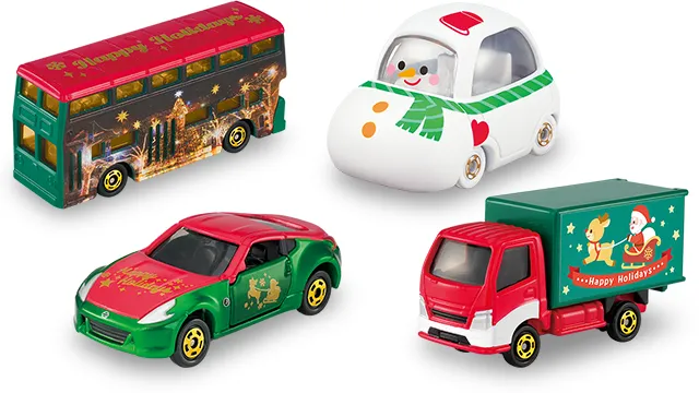 TT Mall 限定聖誕禮盒組官方商品照,雪人車、紅綠 Fairlady Z、倫敦巴士與聖誕老人配送卡車四台
