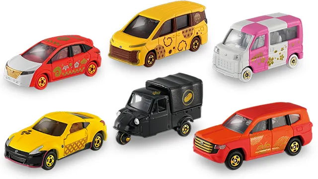 福宴 Tomica 官方商品照，六台年菜主題塗裝車：紅色 Note、黃色 Voxy、粉白 Hijet、黃色 Fairlady Z、黑色 Midget、紅色 Land Cruiser 300