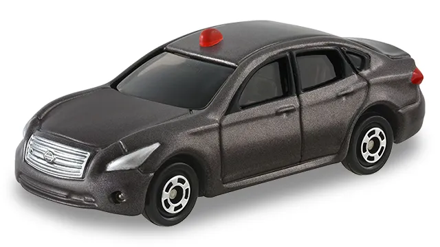 大搜查線 N.E.W. Tomica 覆面巡邏車 日產 Fuga 官方商品照，深灰金屬漆車身，車頂一顆紅色警示燈