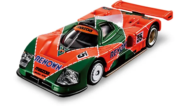 Tomica Premium Racing Mazda 787B 官方商品照，綠橘 RENOWN 塗裝的 55 號賽車