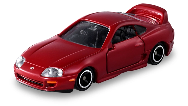 Tomica REBORN Toyota Supra 官方商品照，酒紅色車身、車門開啟