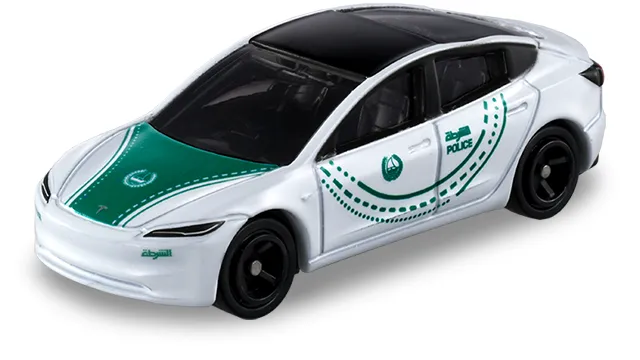 AEON 限定 No.88 Tesla Model 3 杜拜警察巡邏車設計式樣官方商品照，白色車身配綠色紋樣與黑色車頂，車側印 POLICE 與阿拉伯文
