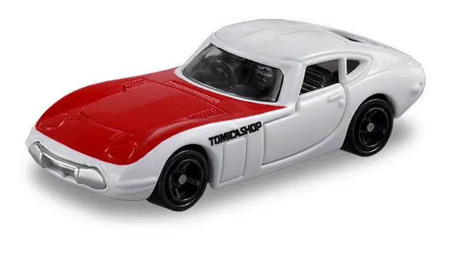 Tomica Shop 限定 Toyota 2000GT 官方商品照,白色車身配紅色引擎蓋,車側印 TOMICASHOP 字樣