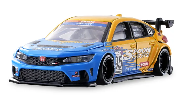 tomica custom works BL26 SPOON CIVIC FL5 官方商品照，藍黃 Spoon 賽車塗裝、95 號、大型尾翼