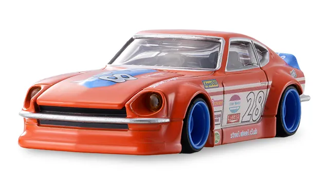 tomica custom works OR26 NISSAN FAIRLADY Z 官方商品照，橘色初代 Z，車門印 28 號，藍色輪圈