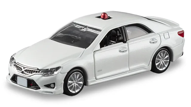 Tomica Premium 24 Toyota Mark X 覆面巡邏車官方商品照，白色車身與車頂紅色警示燈