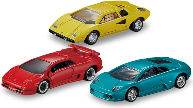 Tomica Premium Lamborghini 三台組官方商品照：黃色 Countach LP400、紅色 Diablo SV、青綠色 Murciélago