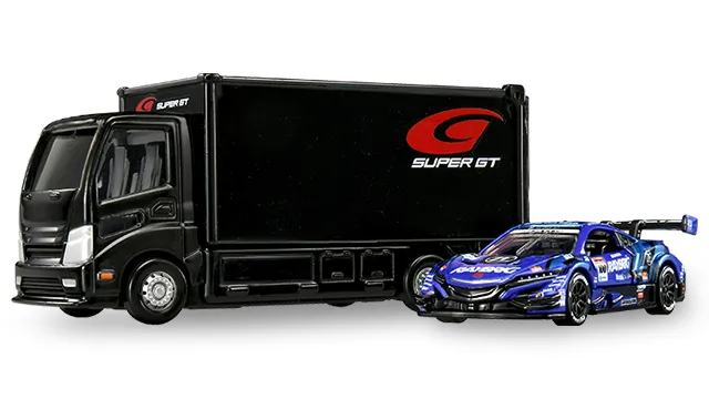 tomica 運輸車 RAYBRIG NSX-GT 官方商品照,黑色貨櫃印 SUPER GT 標誌,旁邊是藍色 NSX-GT 賽車