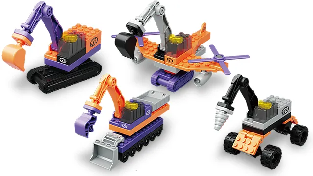 Tomica・Plarail 積木 Freestyle 挖土機組官方商品照,橘紫灰配色的履帶挖土機、飛機與鑽頭車