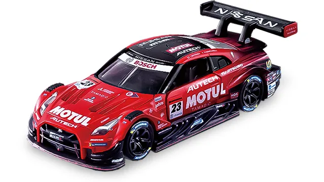 Tomica Premium Racing #23 MOTUL AUTECH GT-R 官方商品照,紅黑塗裝賽車,尾翼印 NISSAN