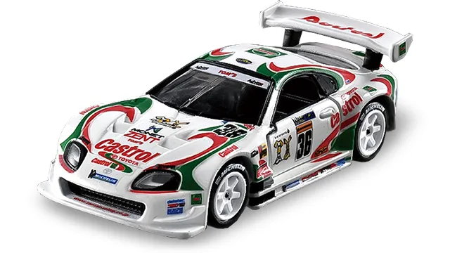 Tomica Premium Racing Castrol TOM'S Supra 36 號車官方商品照，白色車身配紅綠 Castrol 塗裝與大型尾翼
