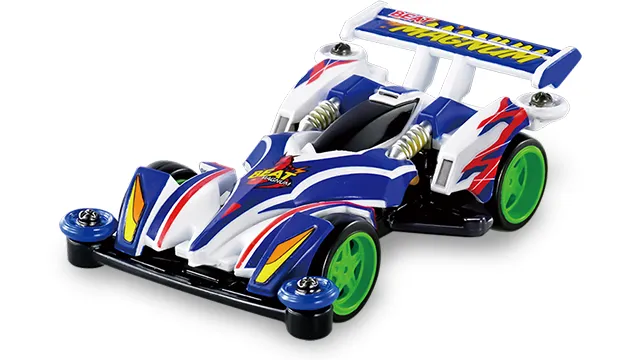 Tomica Premium unlimited 迷你四驅車 Beat Magnum 官方商品照，藍白車身配紅色線條與綠色輪胎