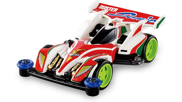 Tomica Premium unlimited 迷你四驅車 Buster Sonic 官方商品照，紅白綠配色車身與綠色輪胎