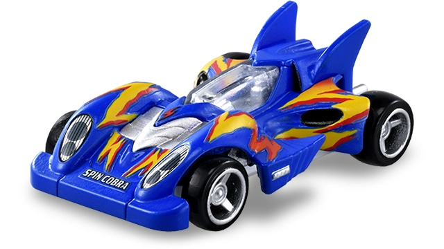 Tomica Premium unlimited 迷你四驅車 Spin Cobra 官方商品照，藍色車身配黃紅火焰紋與雙尾鰭