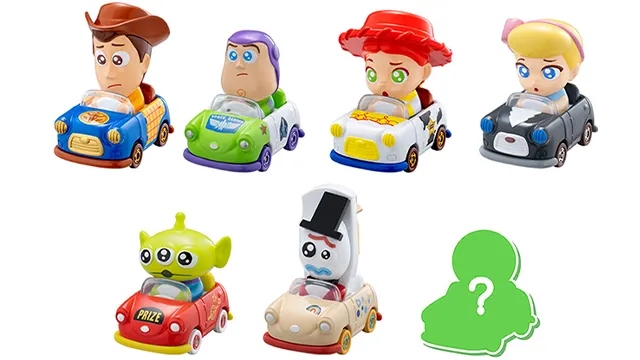 TOMICA TUNES 玩具總動員角色車官方商品照，胡迪、巴斯光年、翠絲、寶貝、三眼怪、叉奇六台與隱藏款剪影