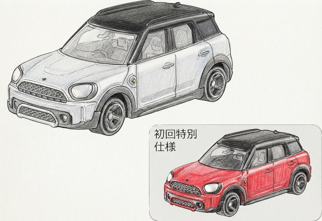 No.52 Mini Cooper SE Countryman ALL4 素描插畫，含初回特別式樣紅色版