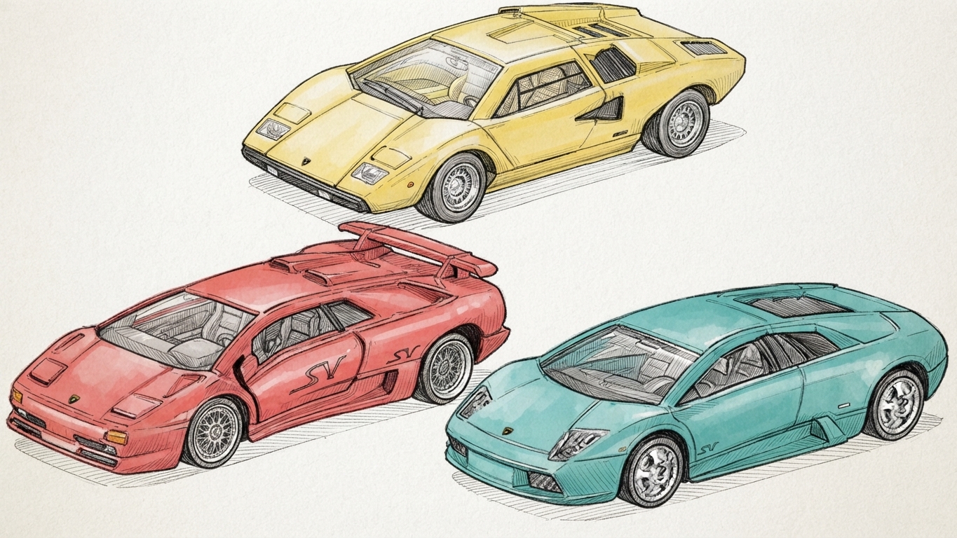 Lamborghini 三台組素描插畫：Countach LP400、Diablo SV、Murciélago